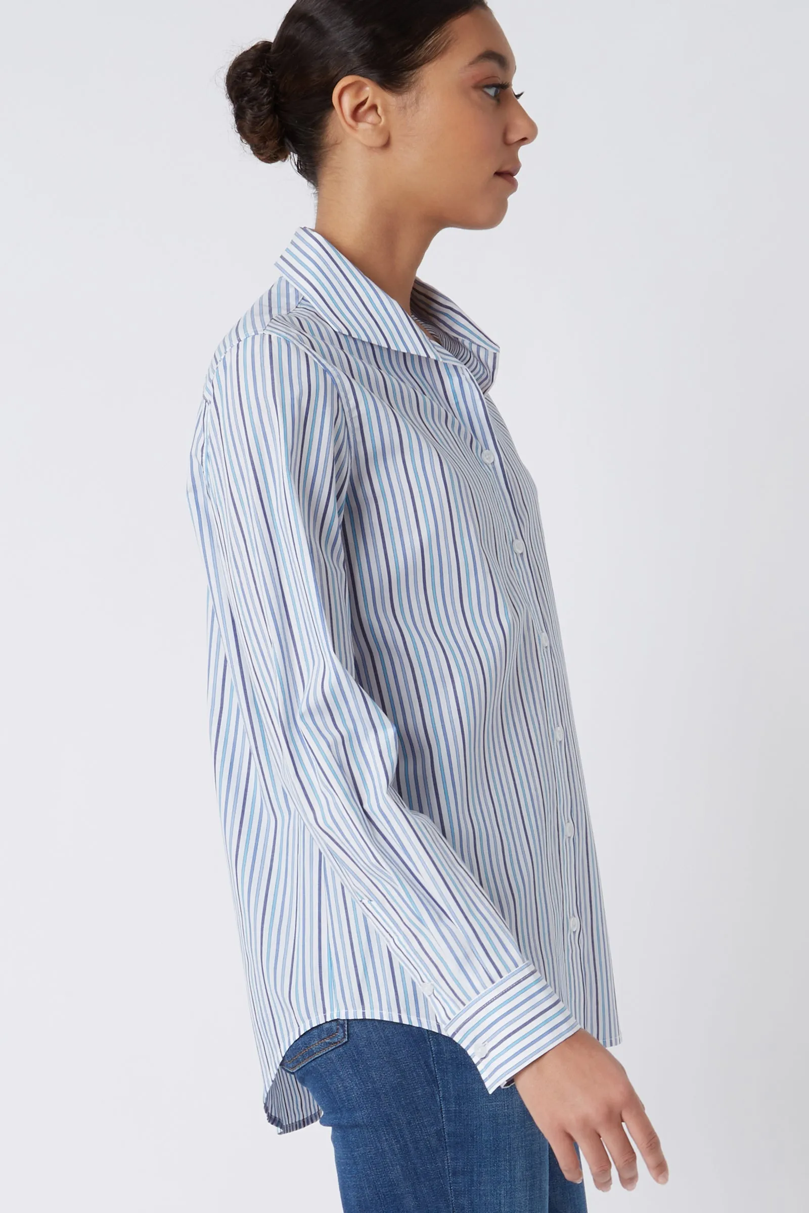 Ginna Box Pleat Shirt - Multi Stripe Navy