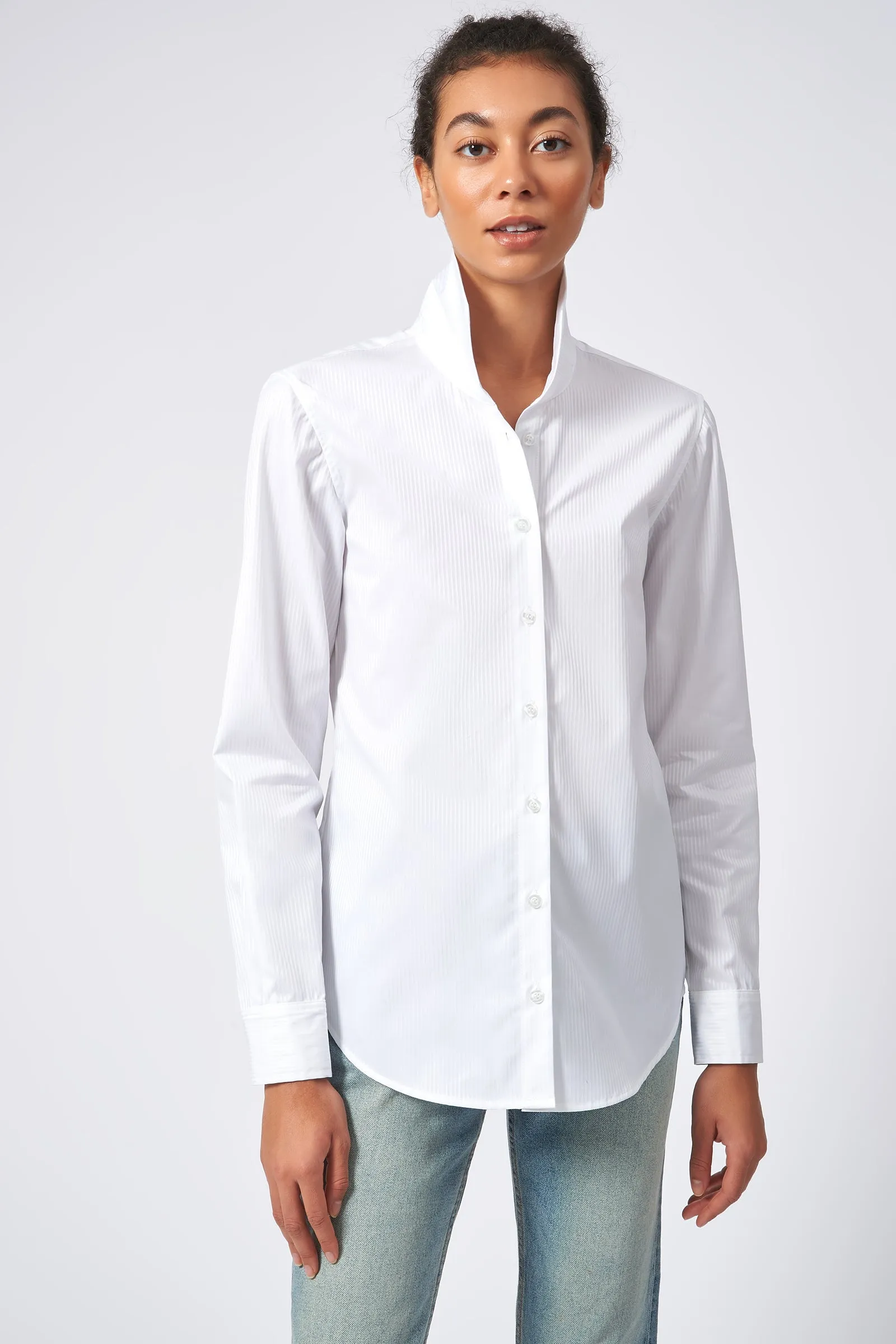 Ginna Box Pleat Shirt - White Satin Stripe