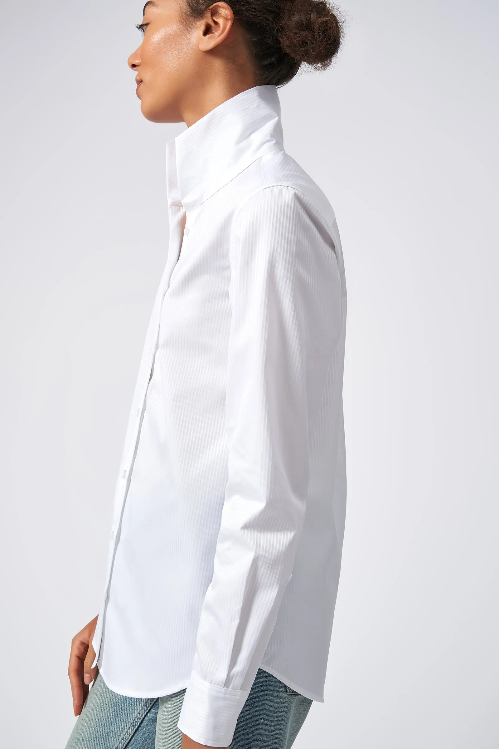 Ginna Box Pleat Shirt - White Satin Stripe