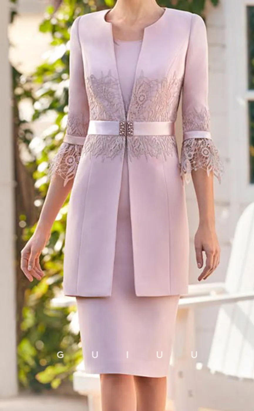GM154 - Sheath Two Piece Round Neck 34 Length Sleeves Knee Length Stain Mother of Bride Dress