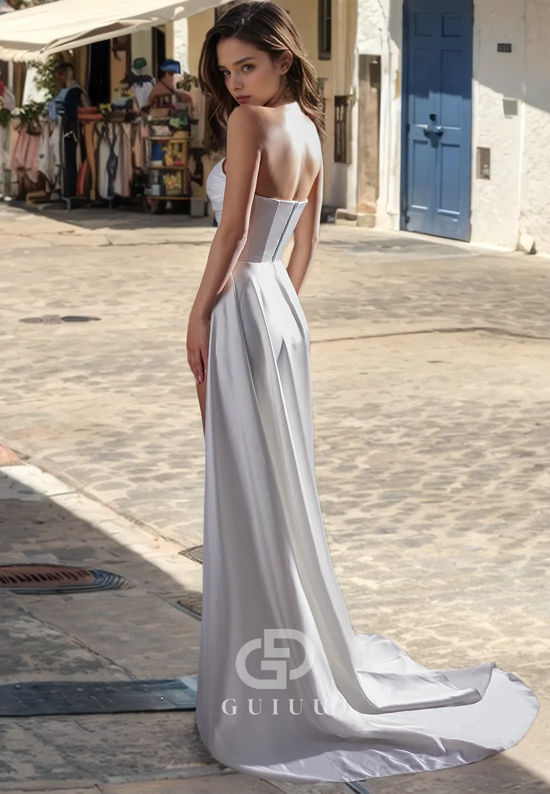 GW845 - Simple & Casual Strapless Pleats Stain Wedding Dress with Slit and Train