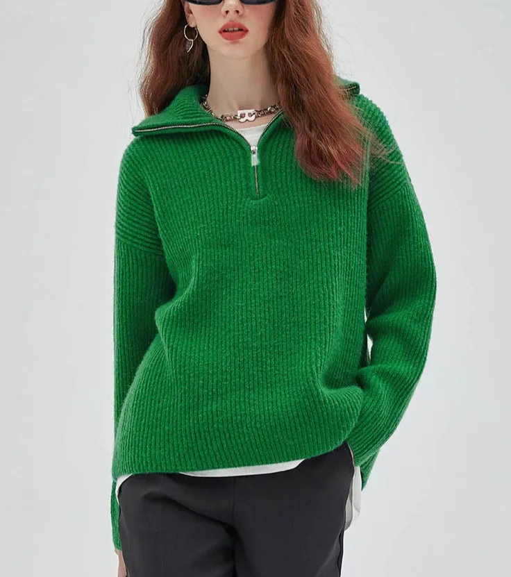 Half Zipper Solid Thick Knitted Sweater