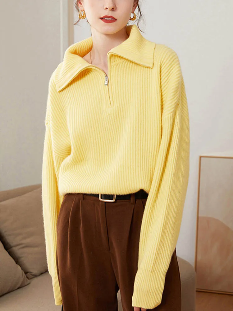 Half Zipper Solid Thick Knitted Sweater