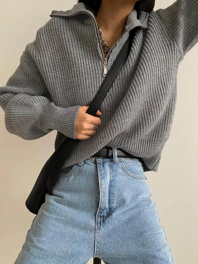 Half Zipper Solid Thick Knitted Sweater