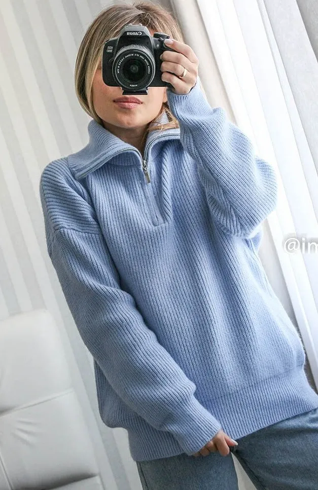 Half Zipper Solid Thick Knitted Sweater