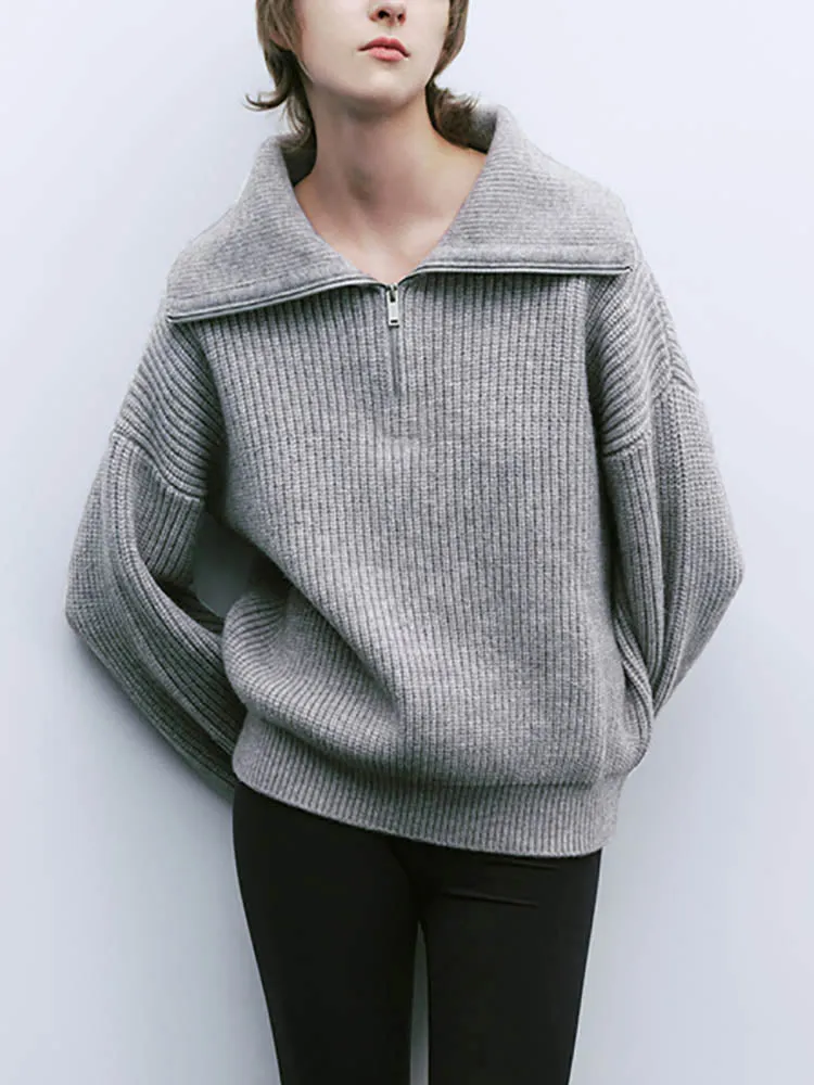 Half Zipper Solid Thick Knitted Sweater