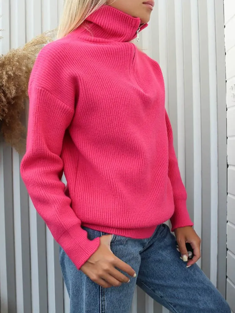Half Zipper Solid Thick Knitted Sweater