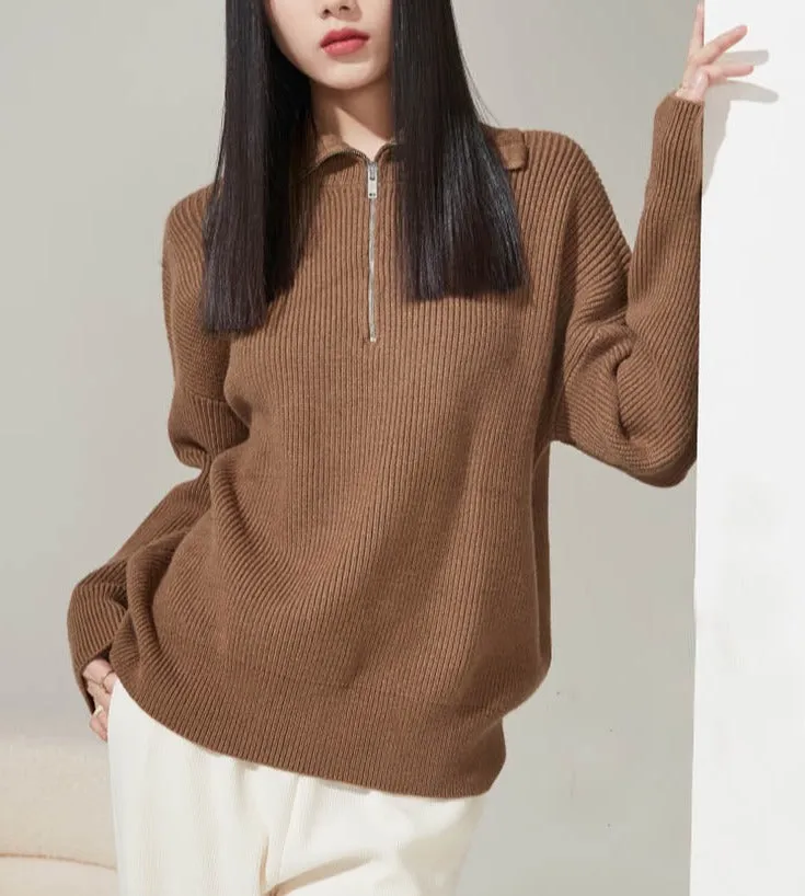 Half Zipper Solid Thick Knitted Sweater