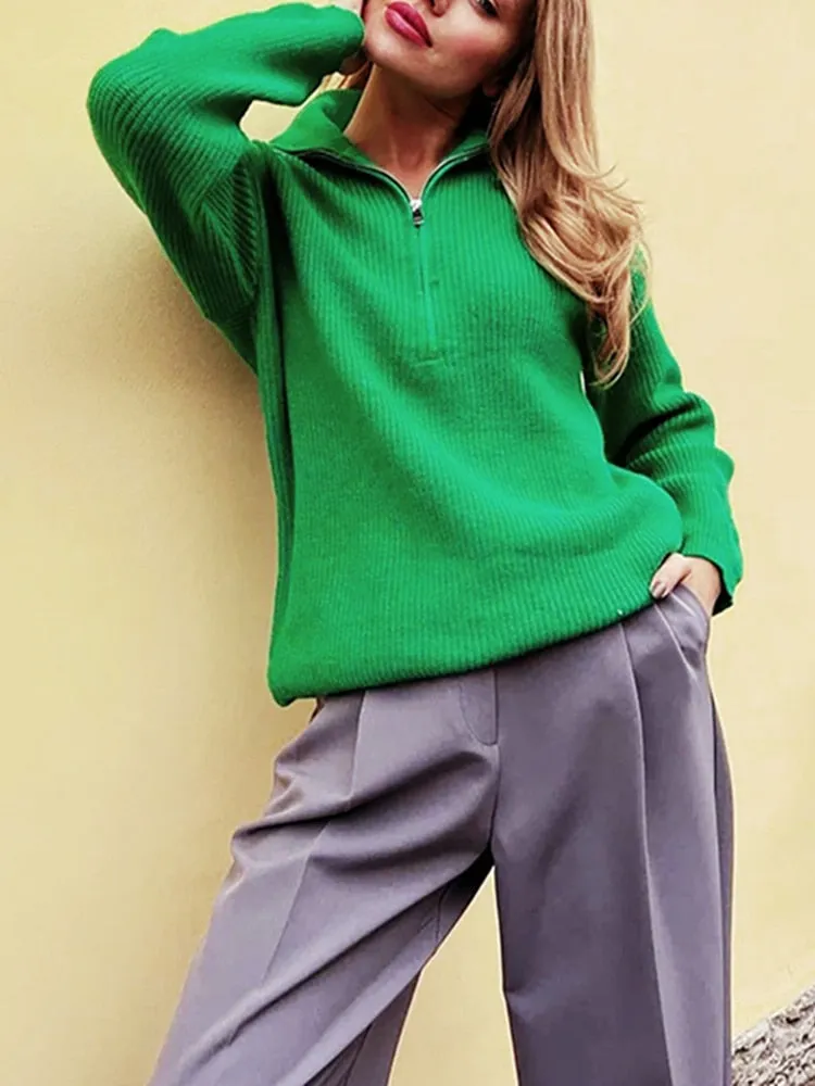 Half Zipper Solid Thick Knitted Sweater