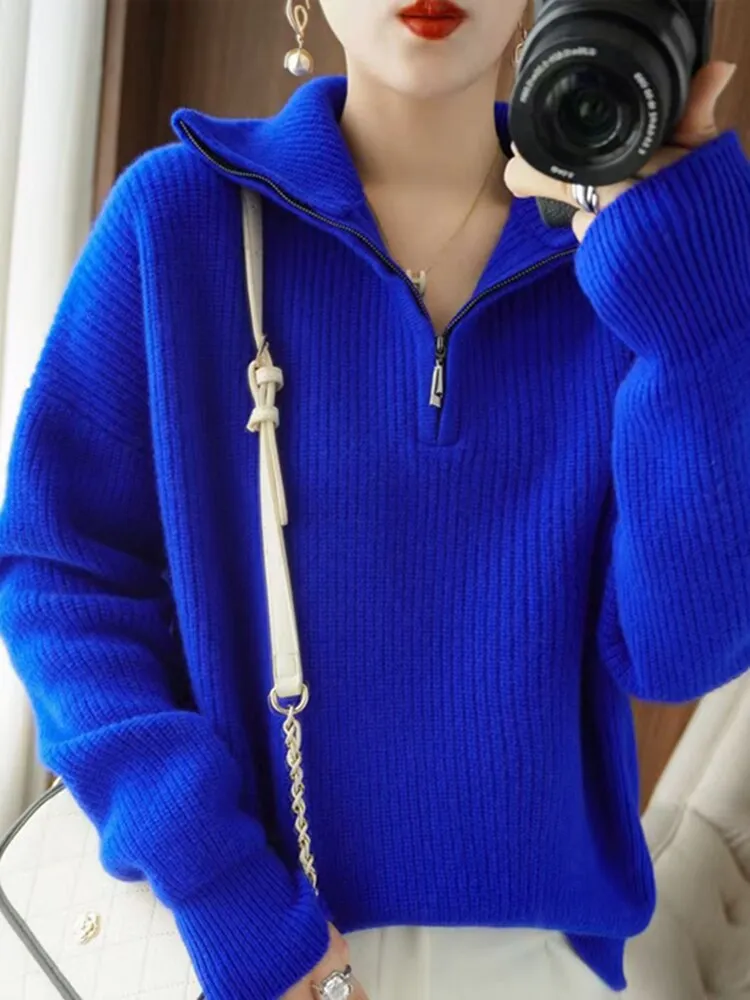 Half Zipper Solid Thick Knitted Sweater