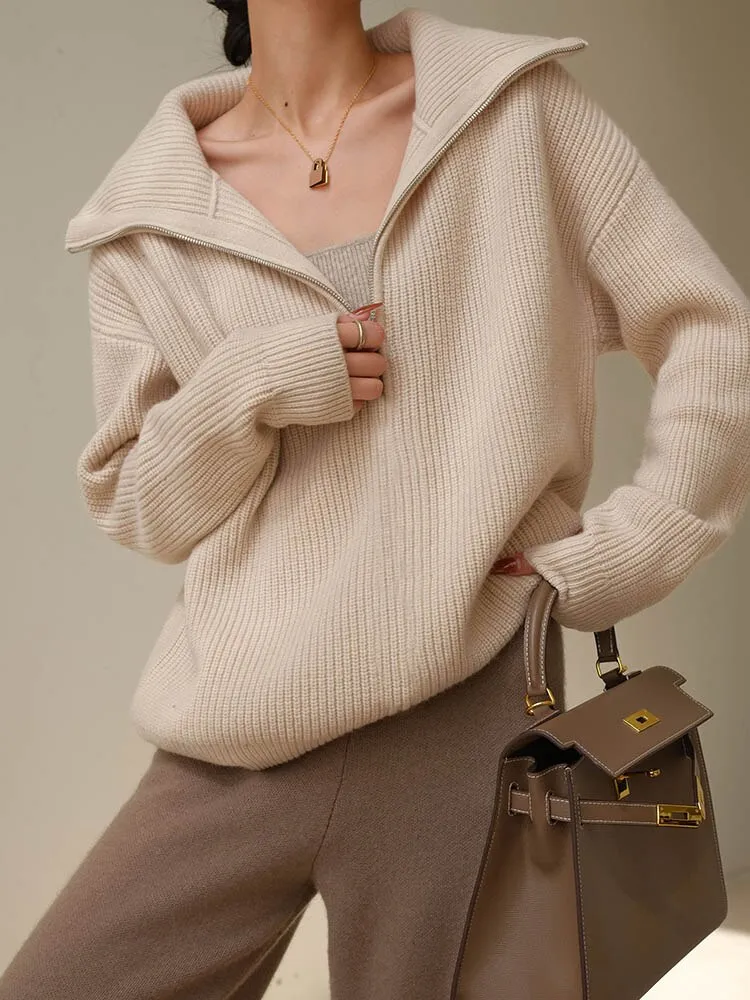 Half Zipper Solid Thick Knitted Sweater