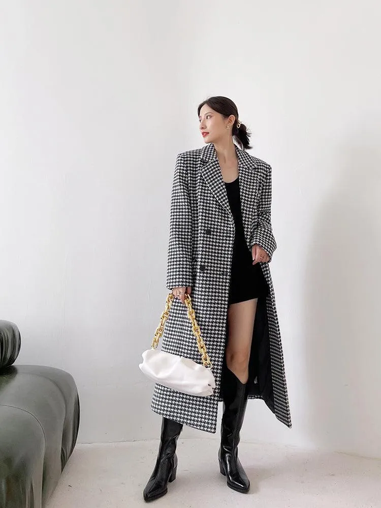 Houndstooth Oversized Long Wool Coat