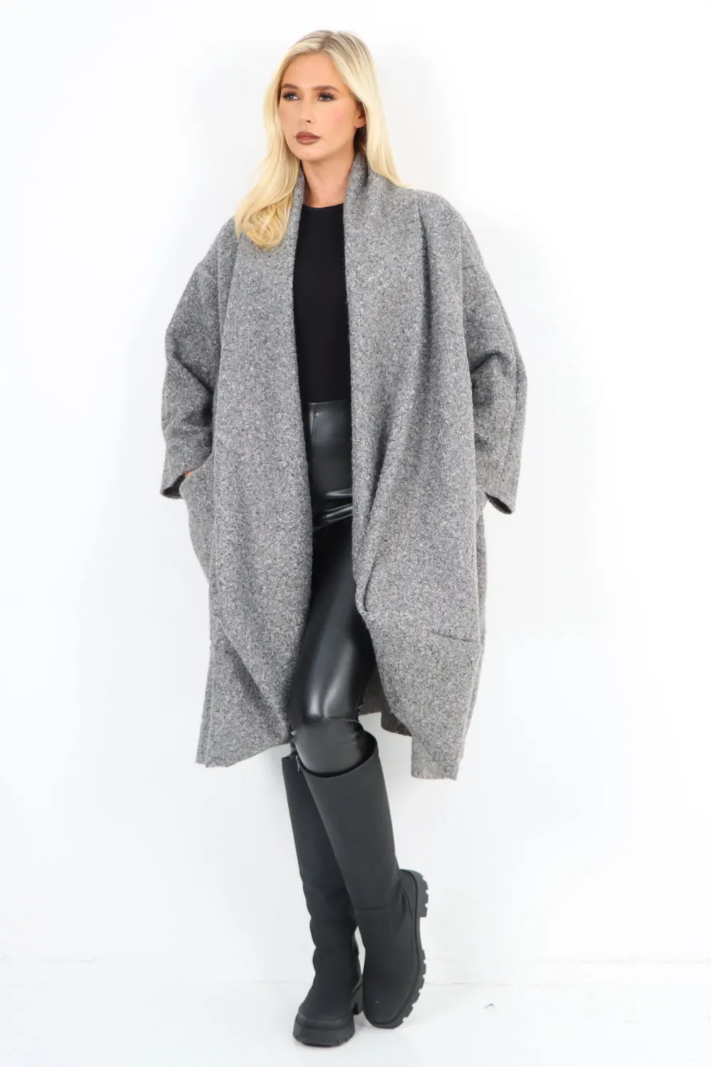 Italian Two Pocket Boucle Cocoon Waterfall Teddy Coat