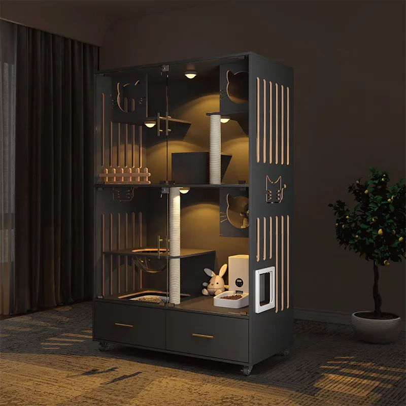 Luxury Cat House Large Wooden Cat Villa with Ramp and Covered & Wheels