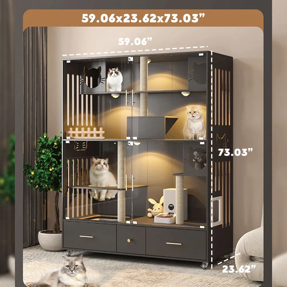 Luxury Cat House Large Wooden Cat Villa with Ramp and Covered & Wheels