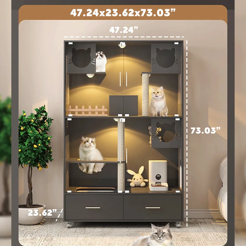 Luxury Cat House Large Wooden Cat Villa with Ramp and Covered & Wheels