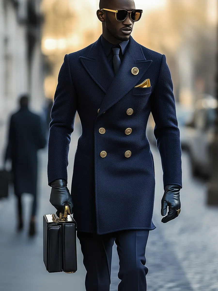 Men Business Notched Lapel Double-breasted Woolen Overcoat