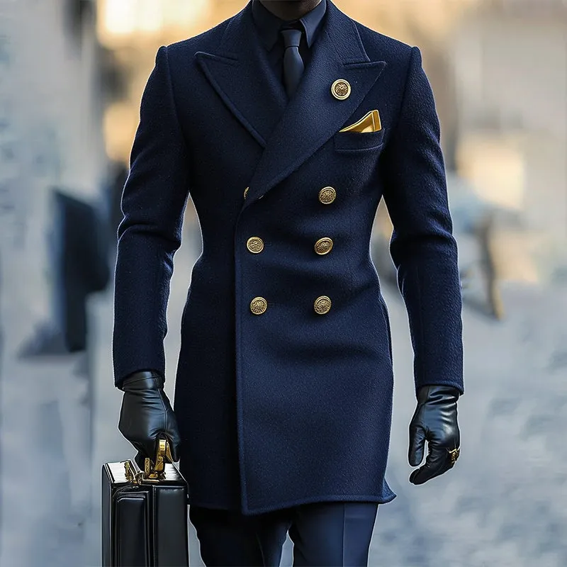 Men Business Notched Lapel Double-breasted Woolen Overcoat