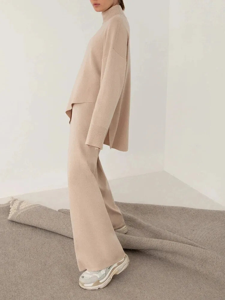Miranda Women Irregular Turtleneck Sweater High Waist Leg Pant Suit