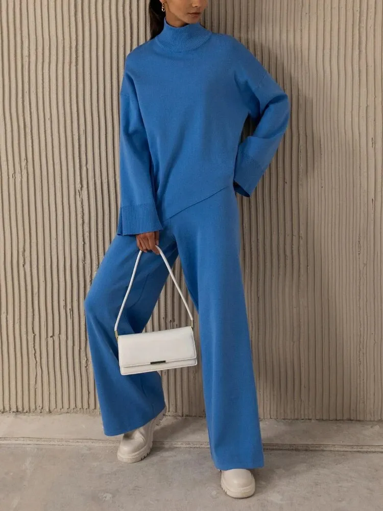 Miranda Women Irregular Turtleneck Sweater High Waist Leg Pant Suit