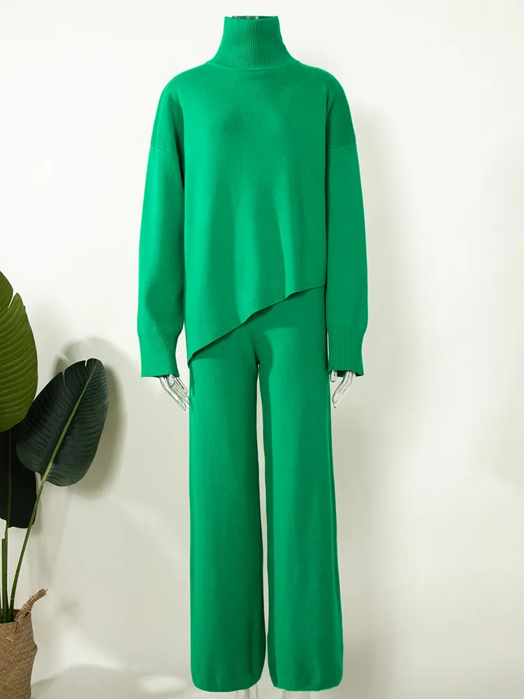Miranda Women Irregular Turtleneck Sweater High Waist Leg Pant Suit