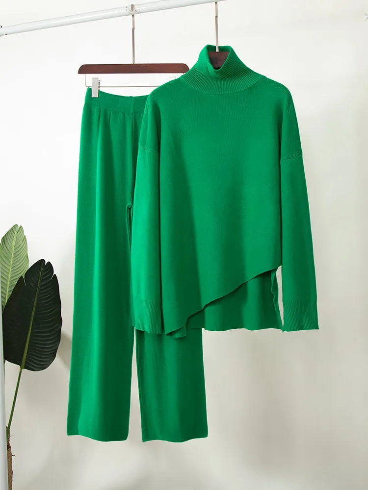 Miranda Women Irregular Turtleneck Sweater High Waist Leg Pant Suit