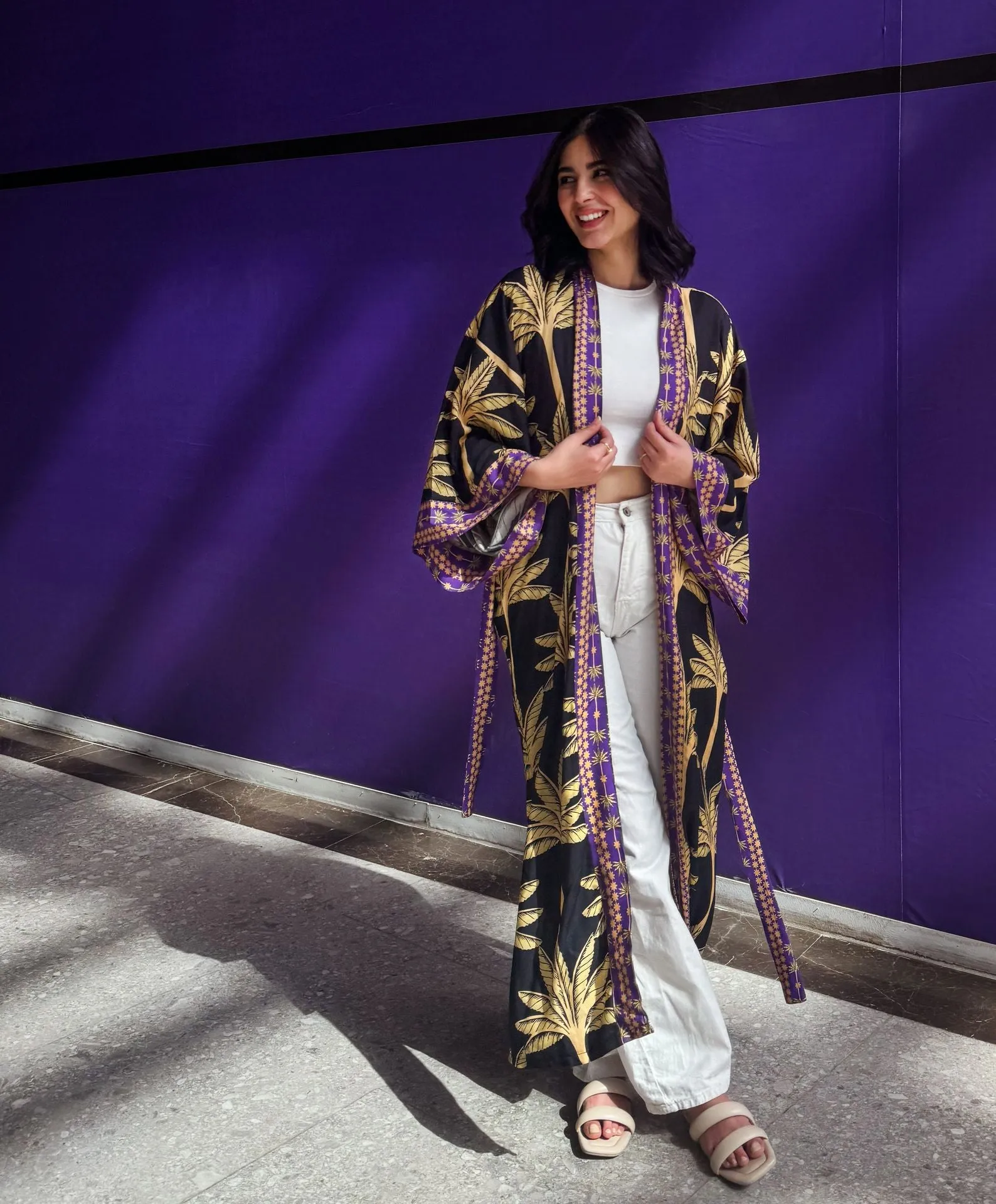 Palms Cotton Kimono Black X Purple