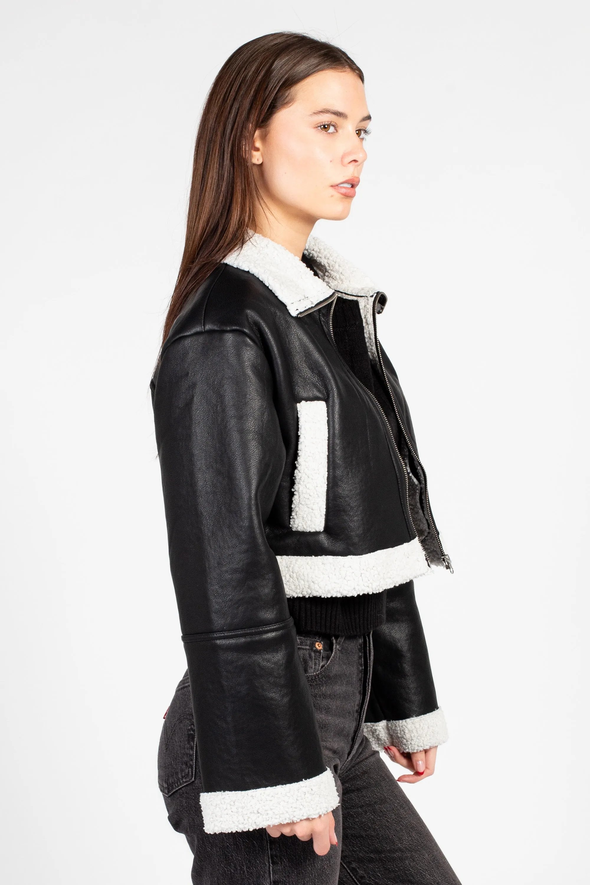 Peggi Sherpa Trim Vegan Leather Jacket