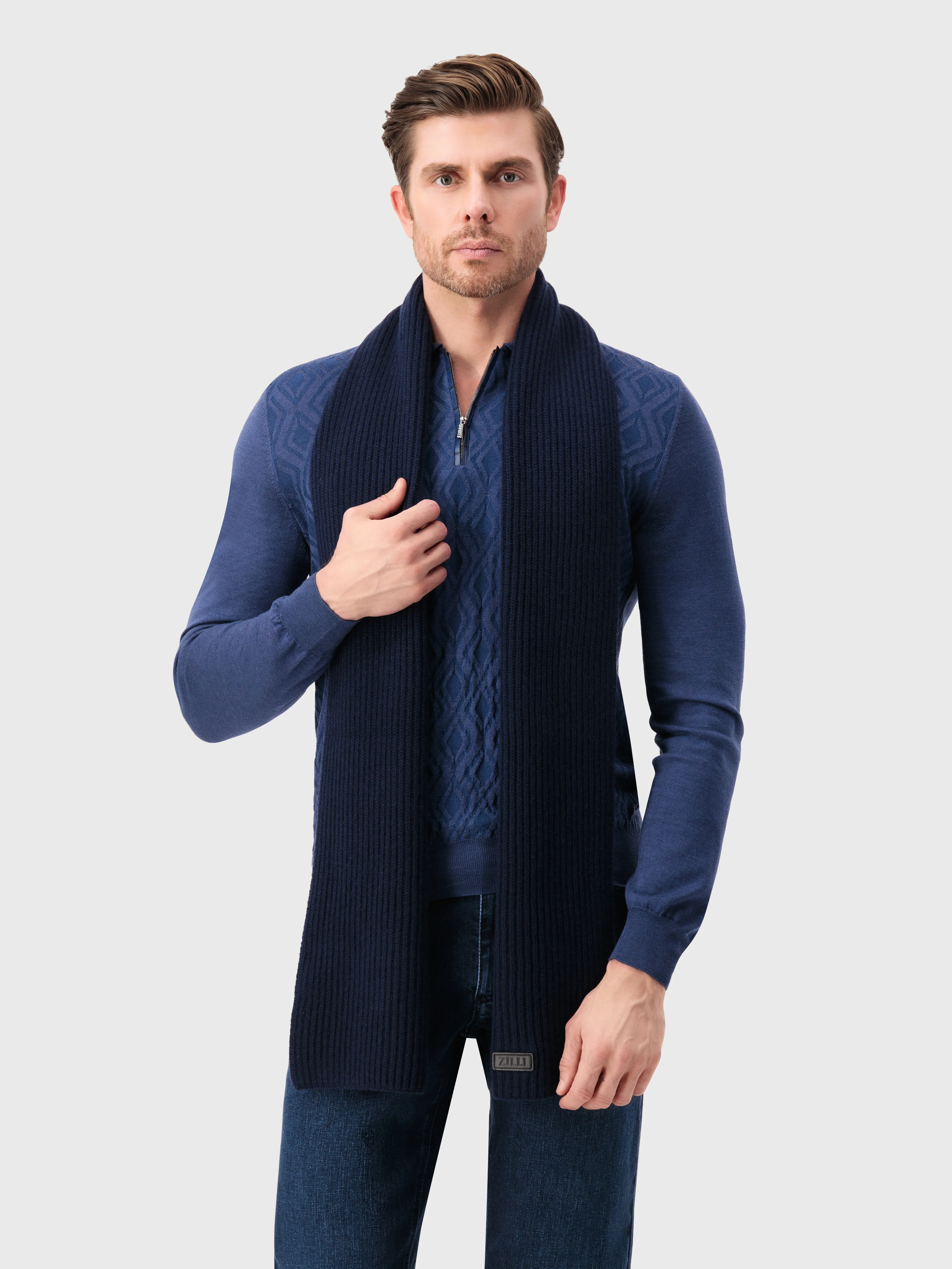 Ribbed Knit Wool and Cashmere Scarf Dark Navy