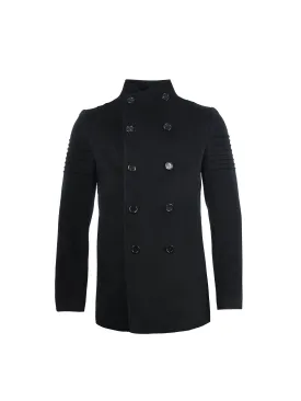 Ribbed Sleeve Wool Overcoat in Black