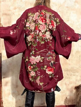 Sakura, 40s Burgundy silk embroidered kimono