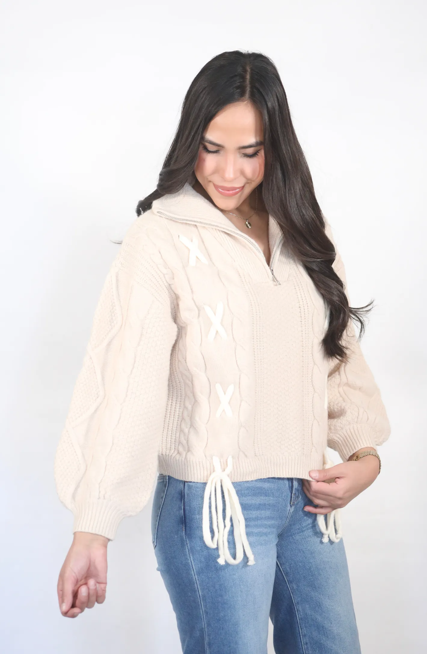 So Favorable Taupe Cable Knit Half Zip