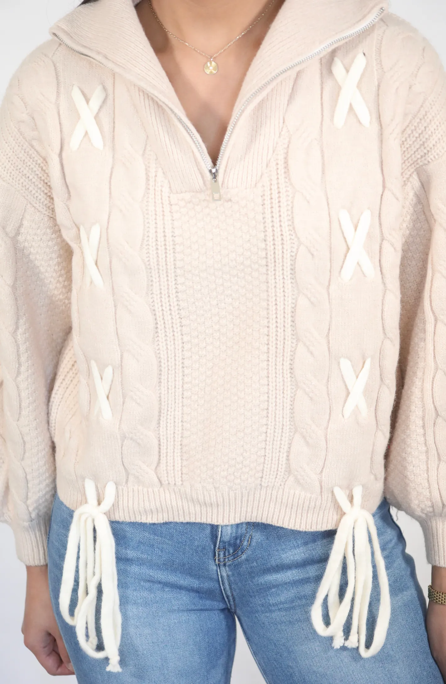 So Favorable Taupe Cable Knit Half Zip