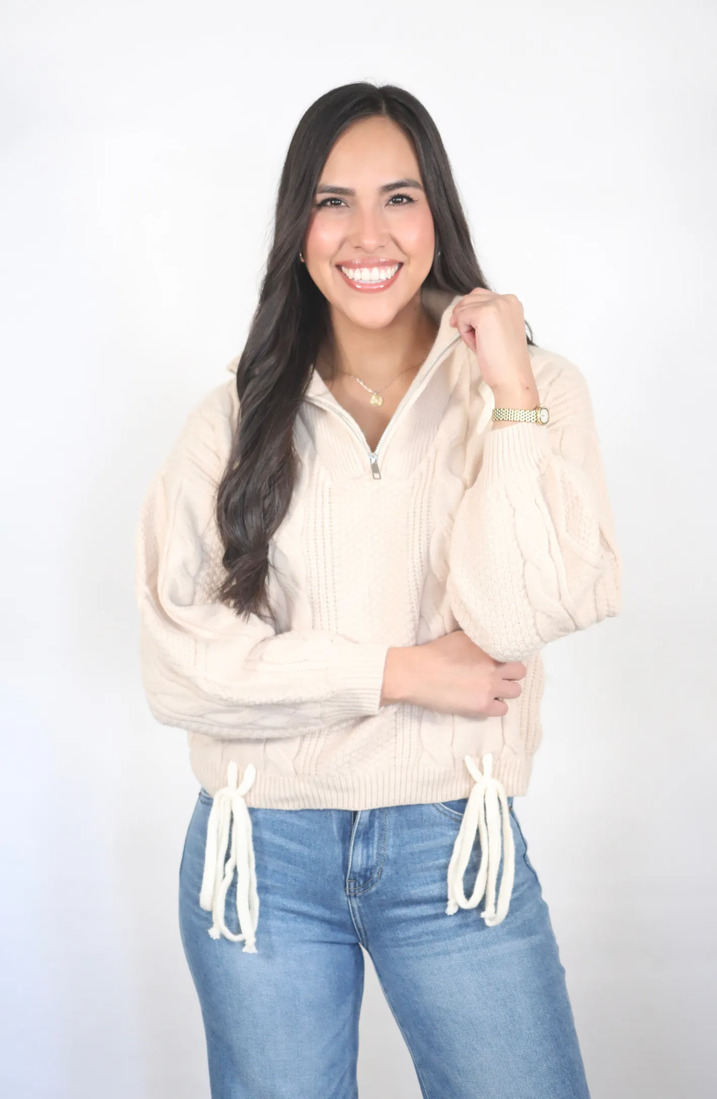 So Favorable Taupe Cable Knit Half Zip