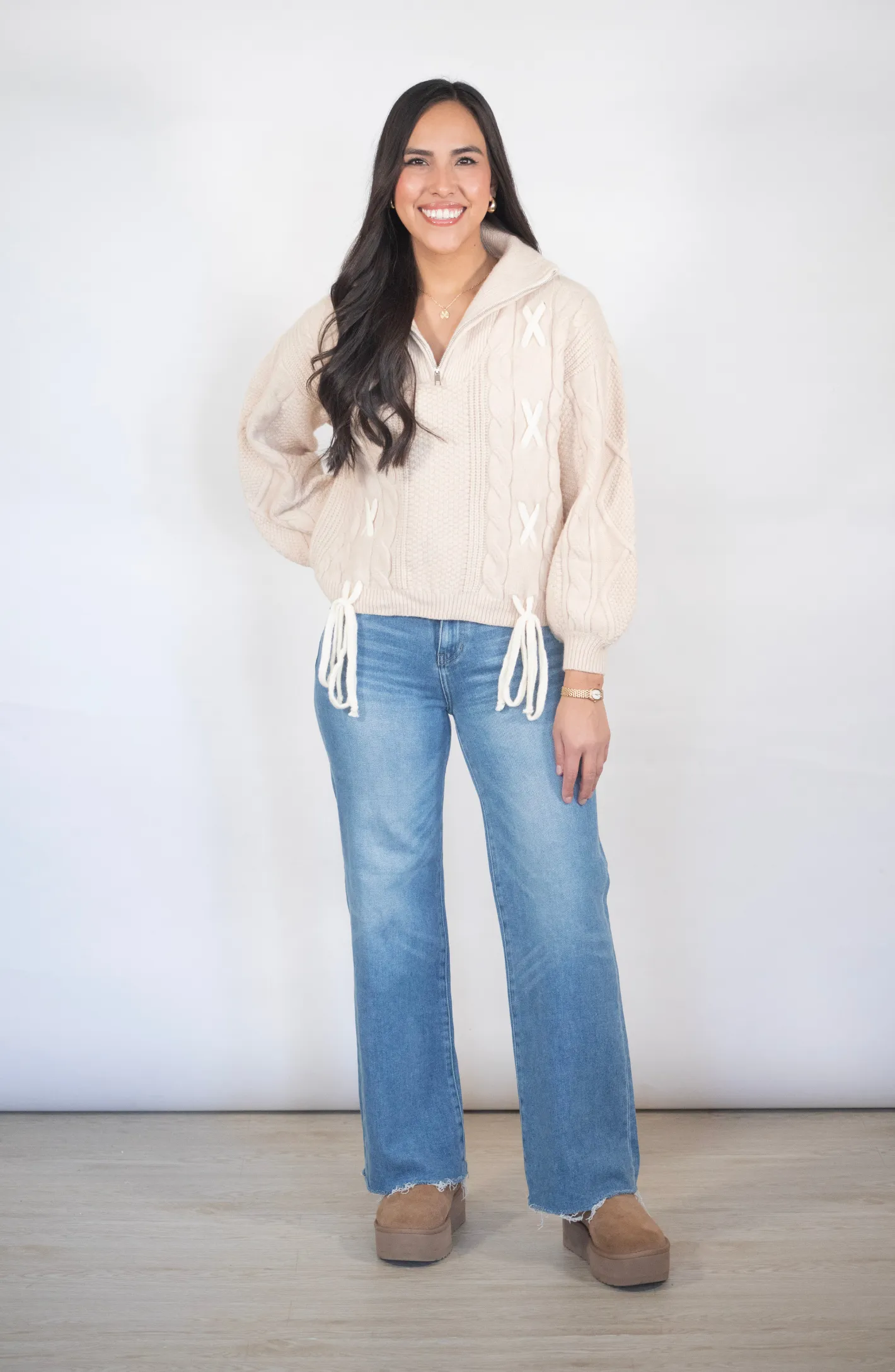 So Favorable Taupe Cable Knit Half Zip