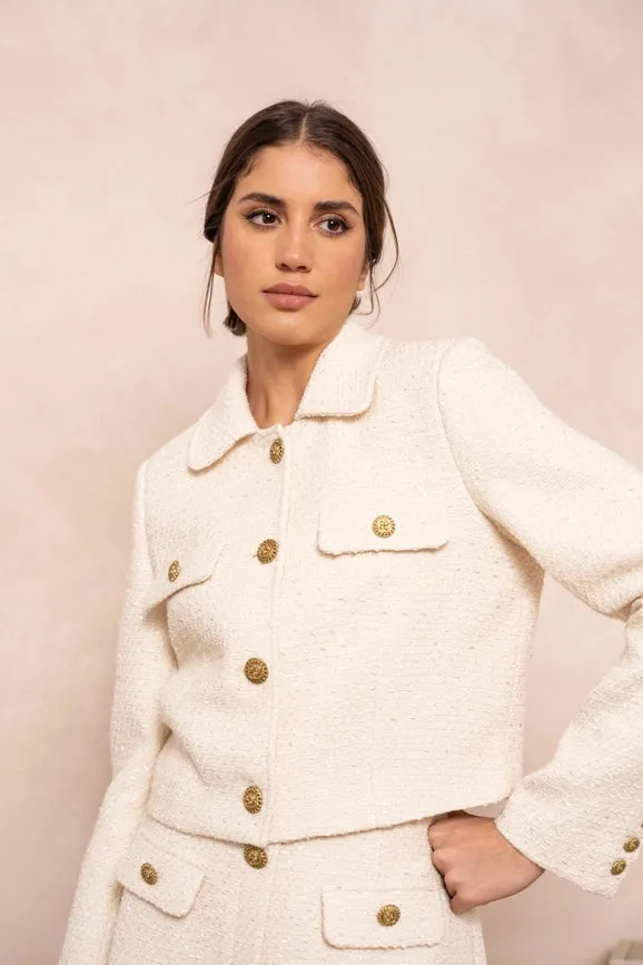 Solid Cropped Straight Cut Tweed Jacket Beige