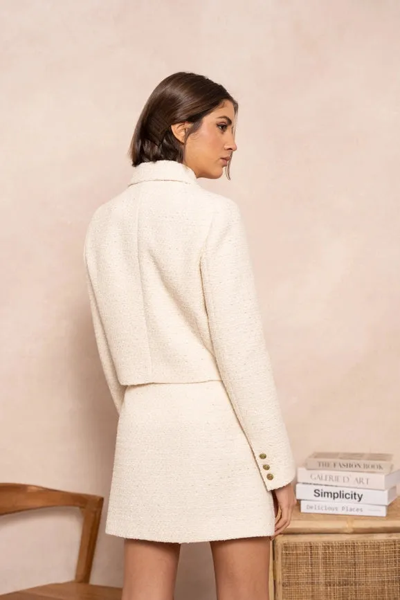 Solid Cropped Straight Cut Tweed Jacket Beige