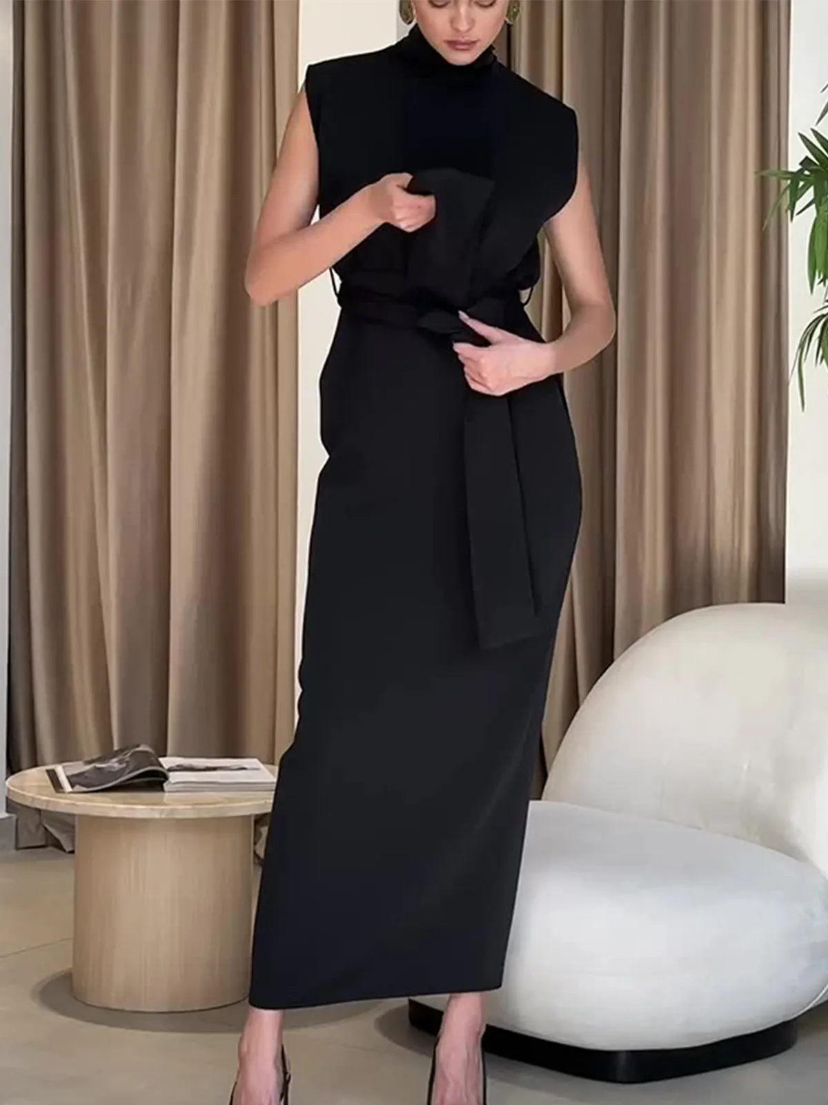 Solid Slit Belted Trendy Turtleneck Long Dress