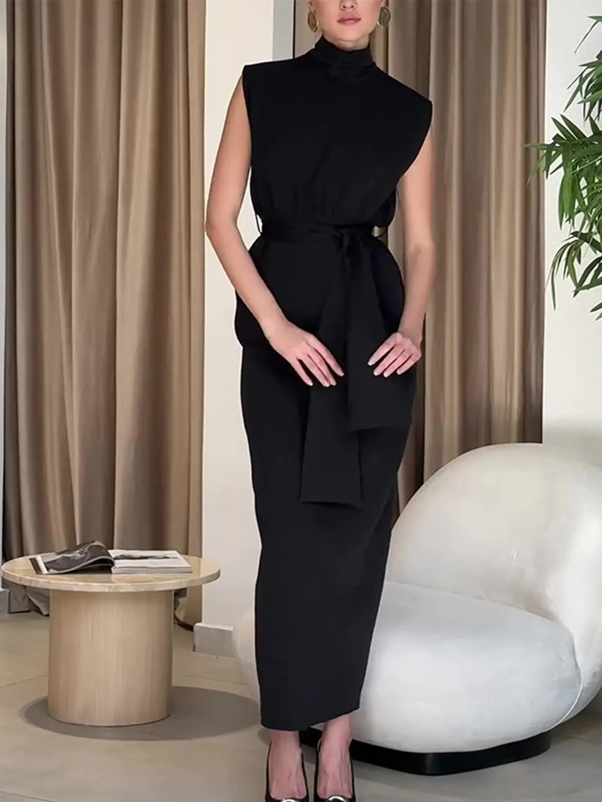 Solid Slit Belted Trendy Turtleneck Long Dress