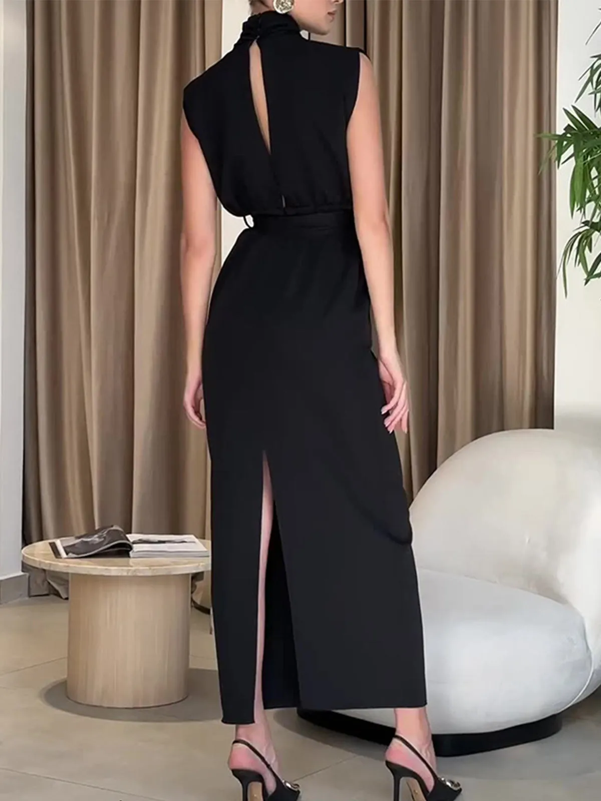 Solid Slit Belted Trendy Turtleneck Long Dress