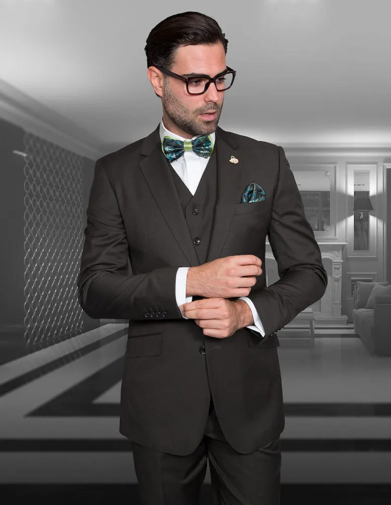 Statement Olive 3Piece Men's Suit Vested Flat Front Pants 100% Wool