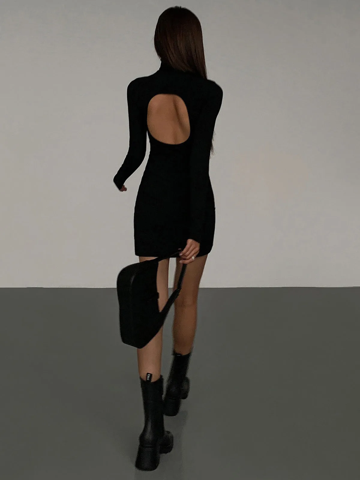 Turtleneck Open Back Trendy Long Sleeve Short Dress