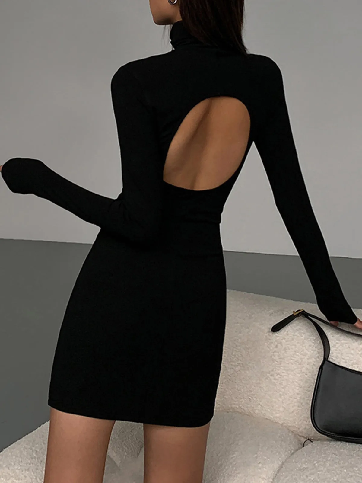 Turtleneck Open Back Trendy Long Sleeve Short Dress