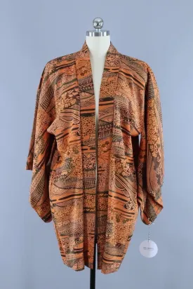 Vintage 1950s Silk Haori Kimono Cardigan Jacket / Orange & Black