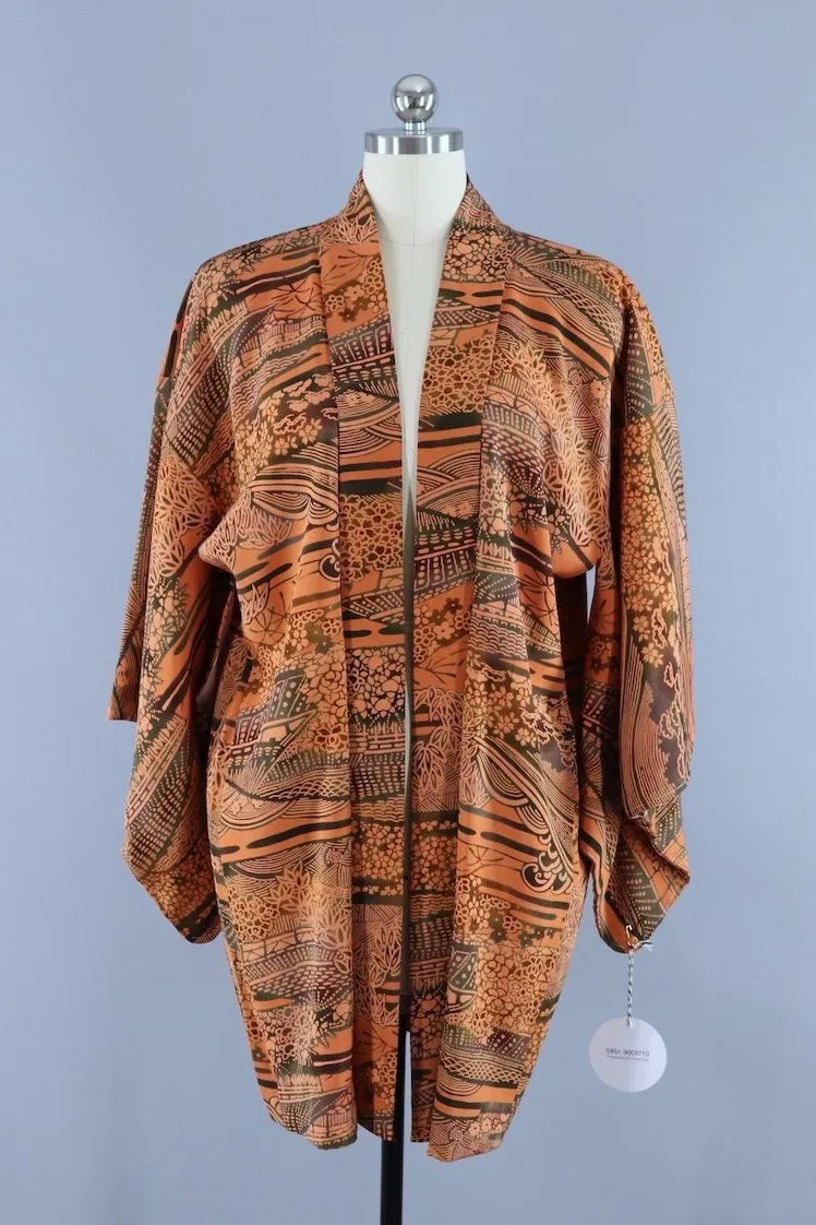 Vintage 1950s Silk Haori Kimono Cardigan Jacket / Orange & Black