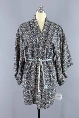 Vintage Silk Kimono Cardigan Jacket - Blue and Black Print