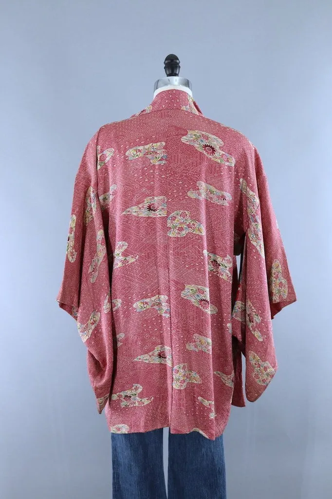 Vintage Silk Kimono Cardigan Jacket / Mauve Pink Floral Print