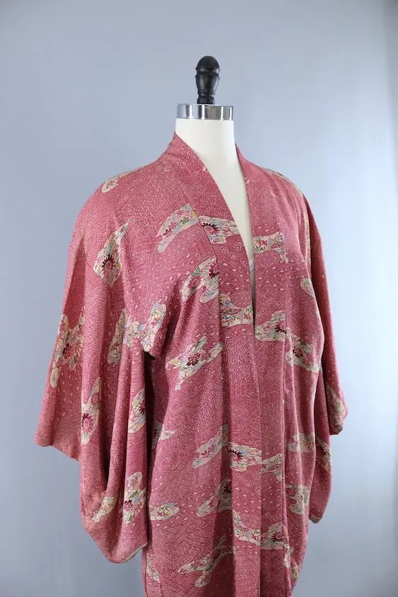 Vintage Silk Kimono Cardigan Jacket / Mauve Pink Floral Print