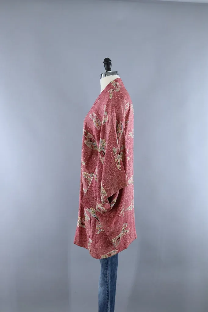 Vintage Silk Kimono Cardigan Jacket / Mauve Pink Floral Print