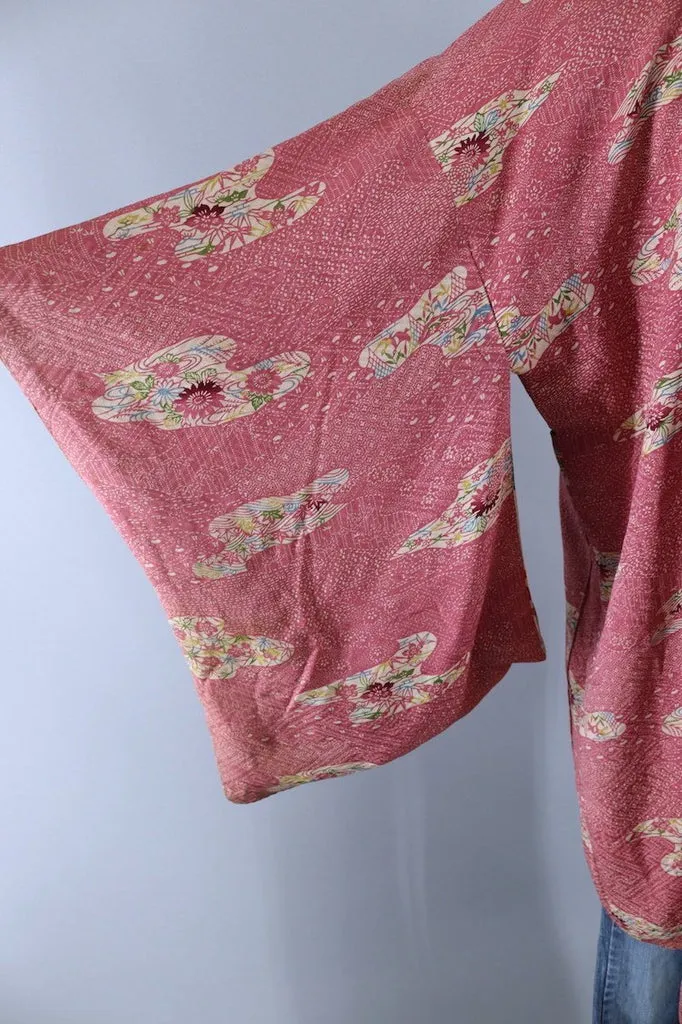 Vintage Silk Kimono Cardigan Jacket / Mauve Pink Floral Print